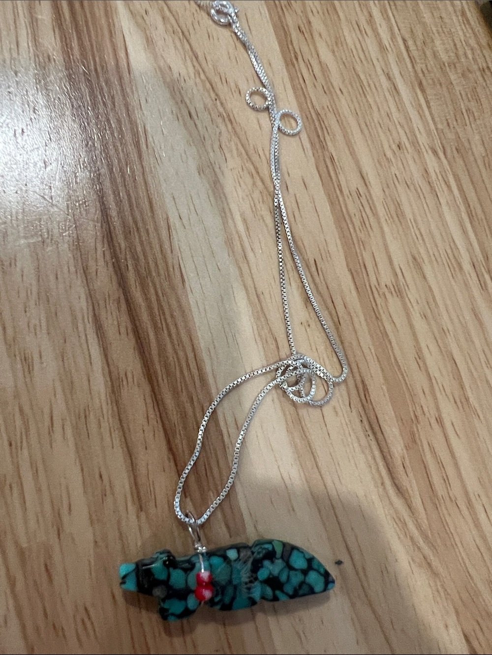 Turquoise Bear Pendant Necklace - Sterling Silver Chain